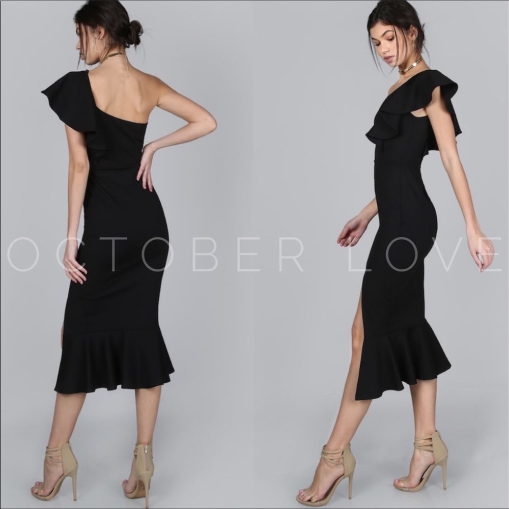 Lexi Shoulder Ruffle Black Midi Dress ๐น - Picture 3 of 3